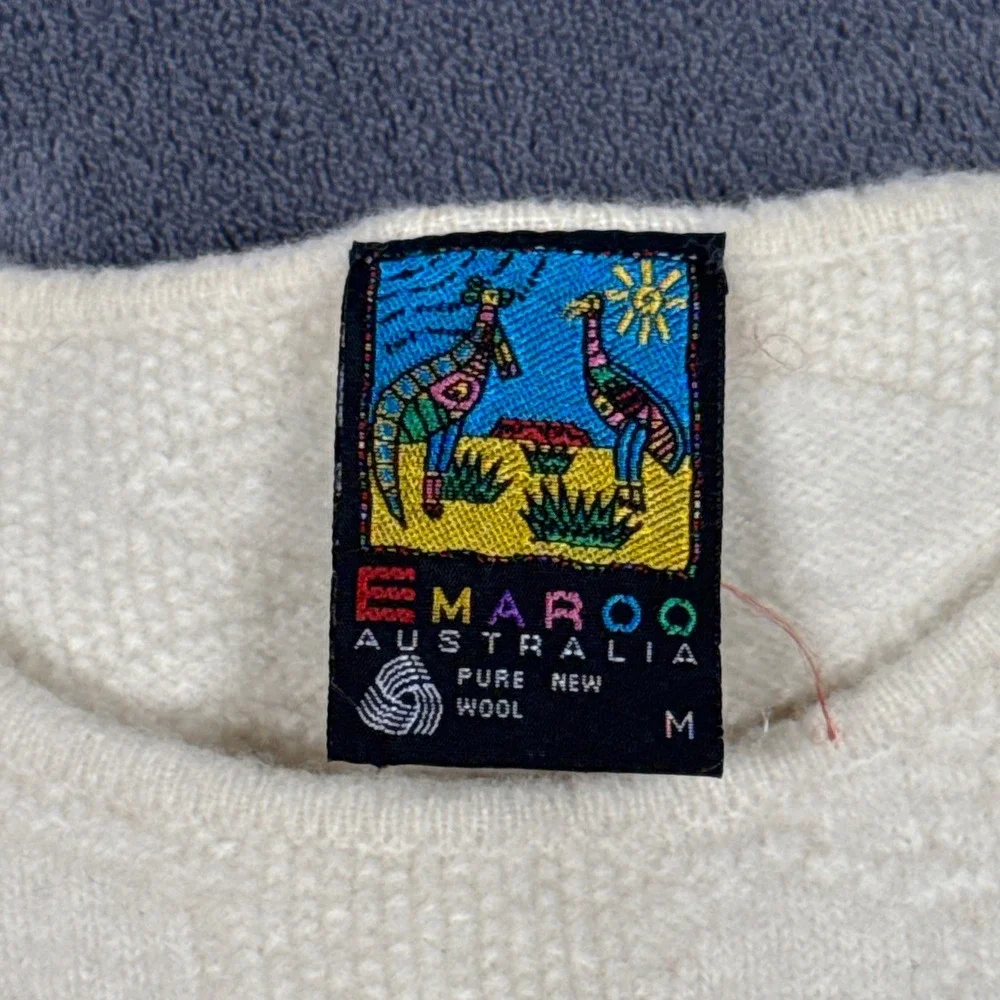 Vintage Emaroo Australia Sweater Pure New Wool 3D Textured Animal Knit Ivory M